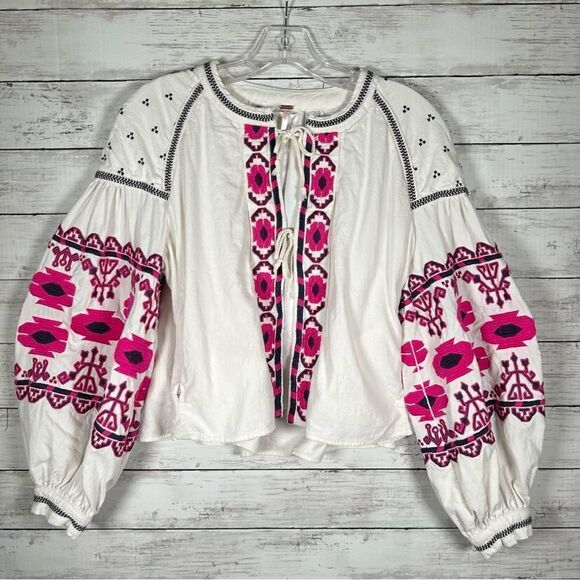 Free People Linen Cotton Bohemian Embroidered Balloon Sleeve Cropped Jacket XS - Picture 4 of 14